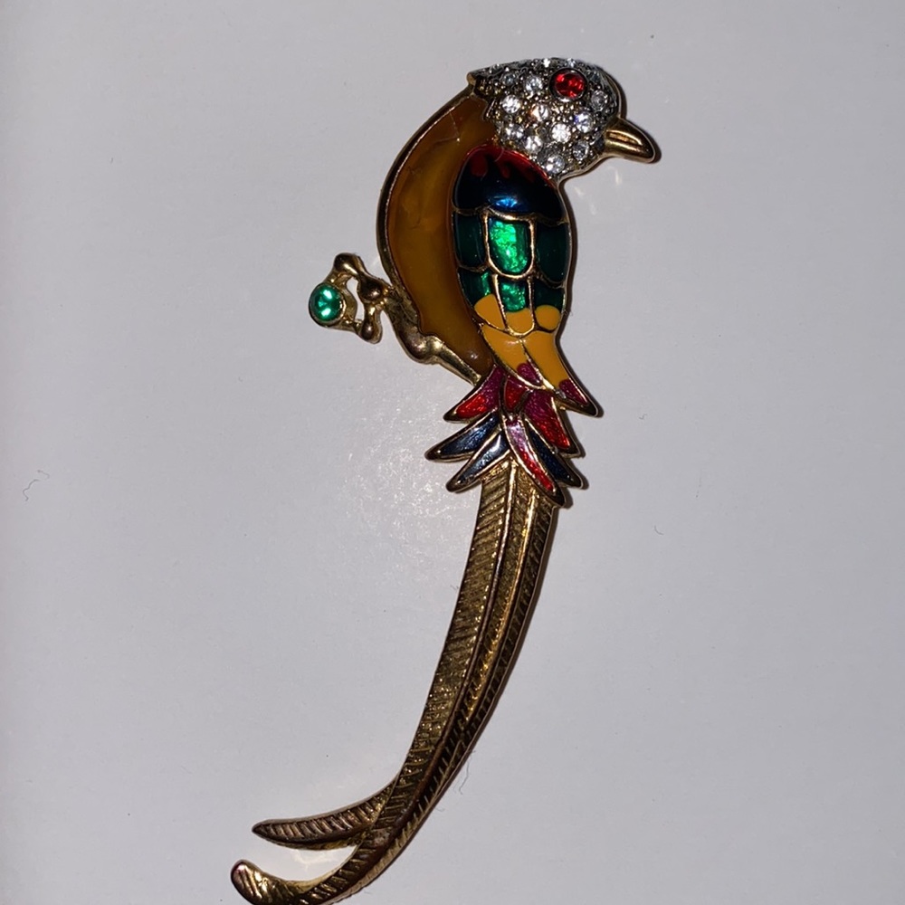 Vintage Crystal and Enamel Bird of Paradise Pin Signed